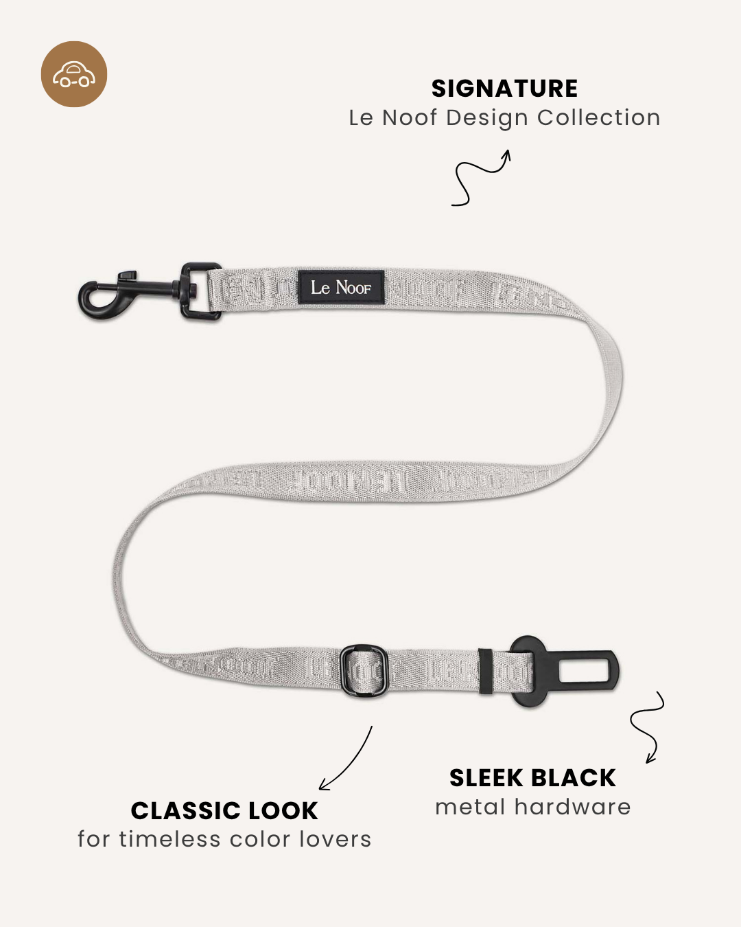Grey jacquard dog seatbelt, Le Noof