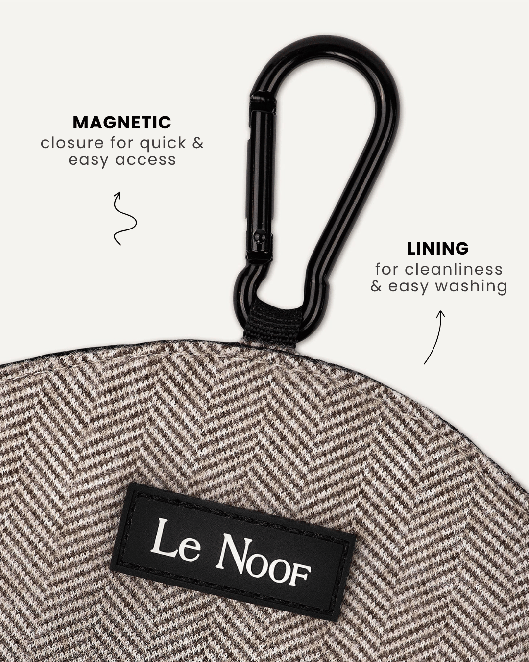Brown herringbone dog treat pouch close-up, Le Noof