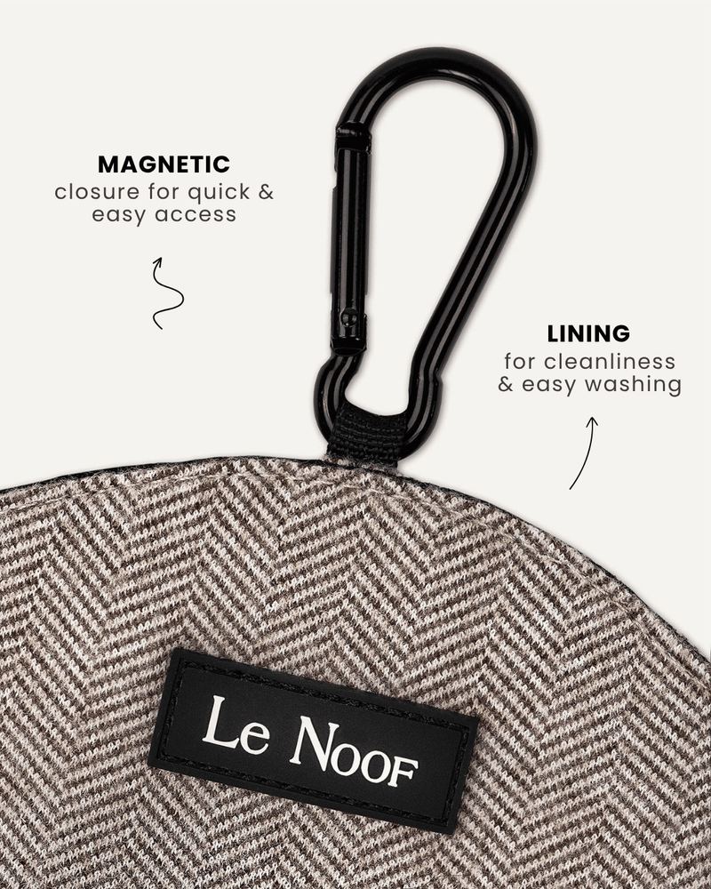 Brown herringbone dog treat pouch close-up, Le Noof
