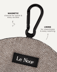 Brown herringbone dog treat pouch close-up, Le Noof