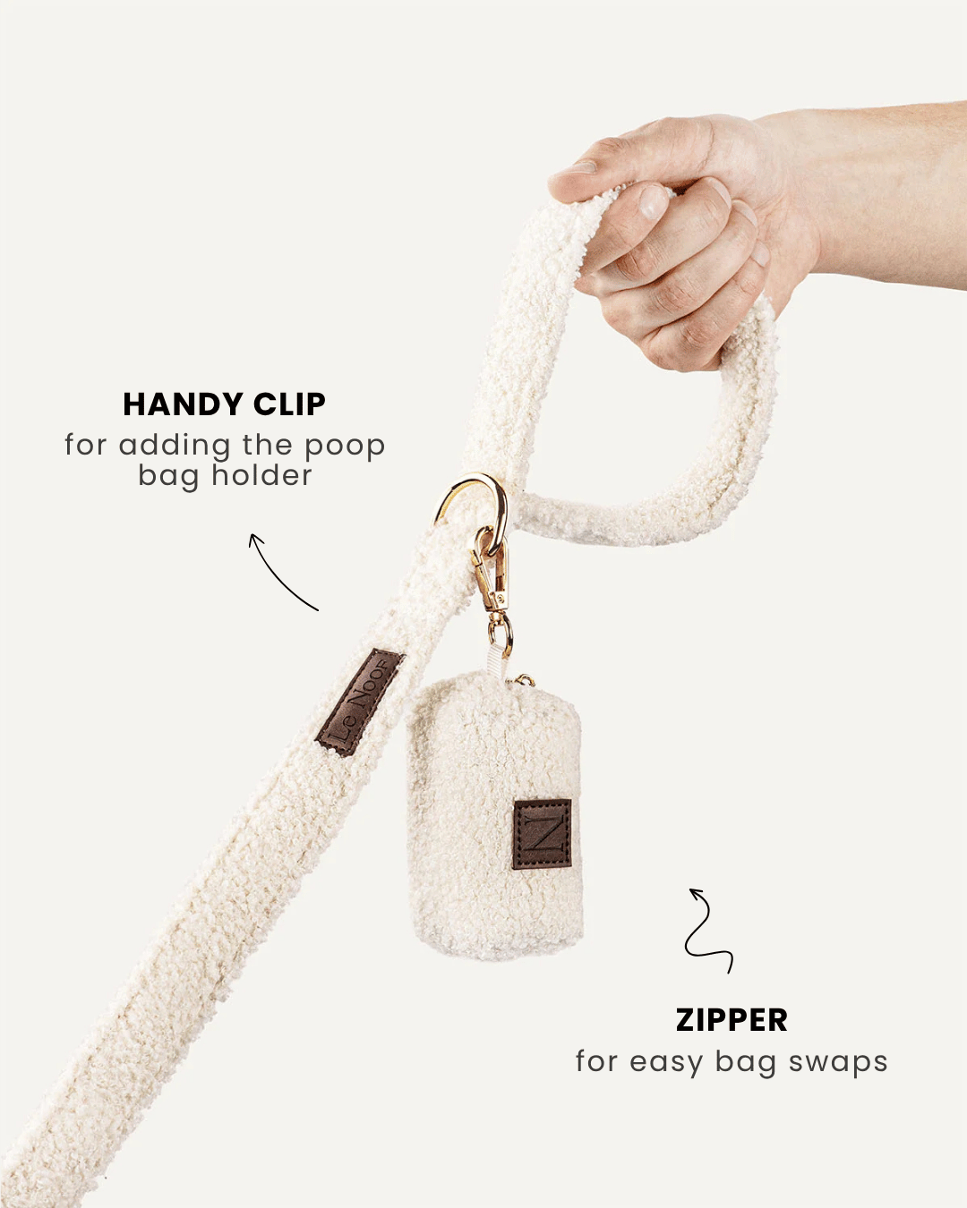 Cream white teddy dog leash with poop bag holder, Le Noof