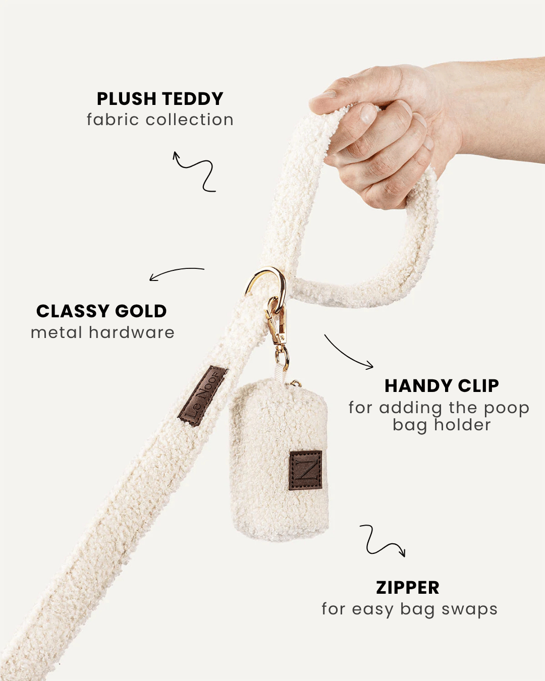 Cream white teddy dog leash with poop bag holder, Le Noof