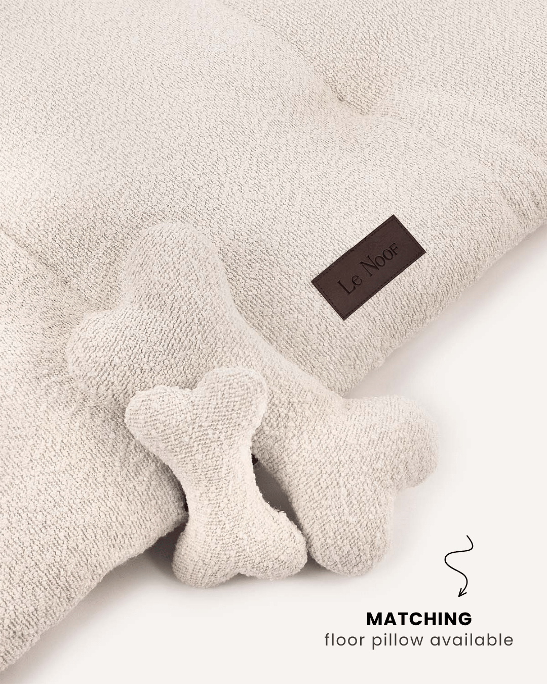 Cream white boucle floor dog pillow with matching toys, Le Noof