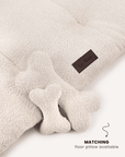 Cream white boucle floor dog pillow with matching toys, Le Noof