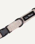 Beige herringbone dog collar close up image with Le Noof logo