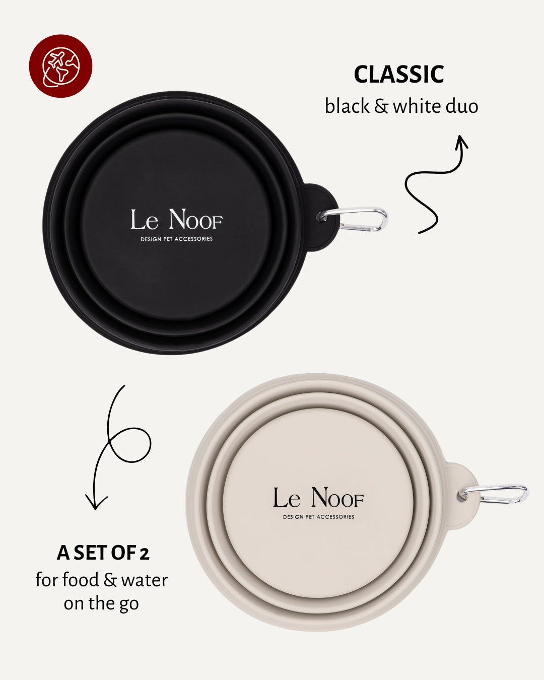 Black & Off White collapsible bowls with features mentioned