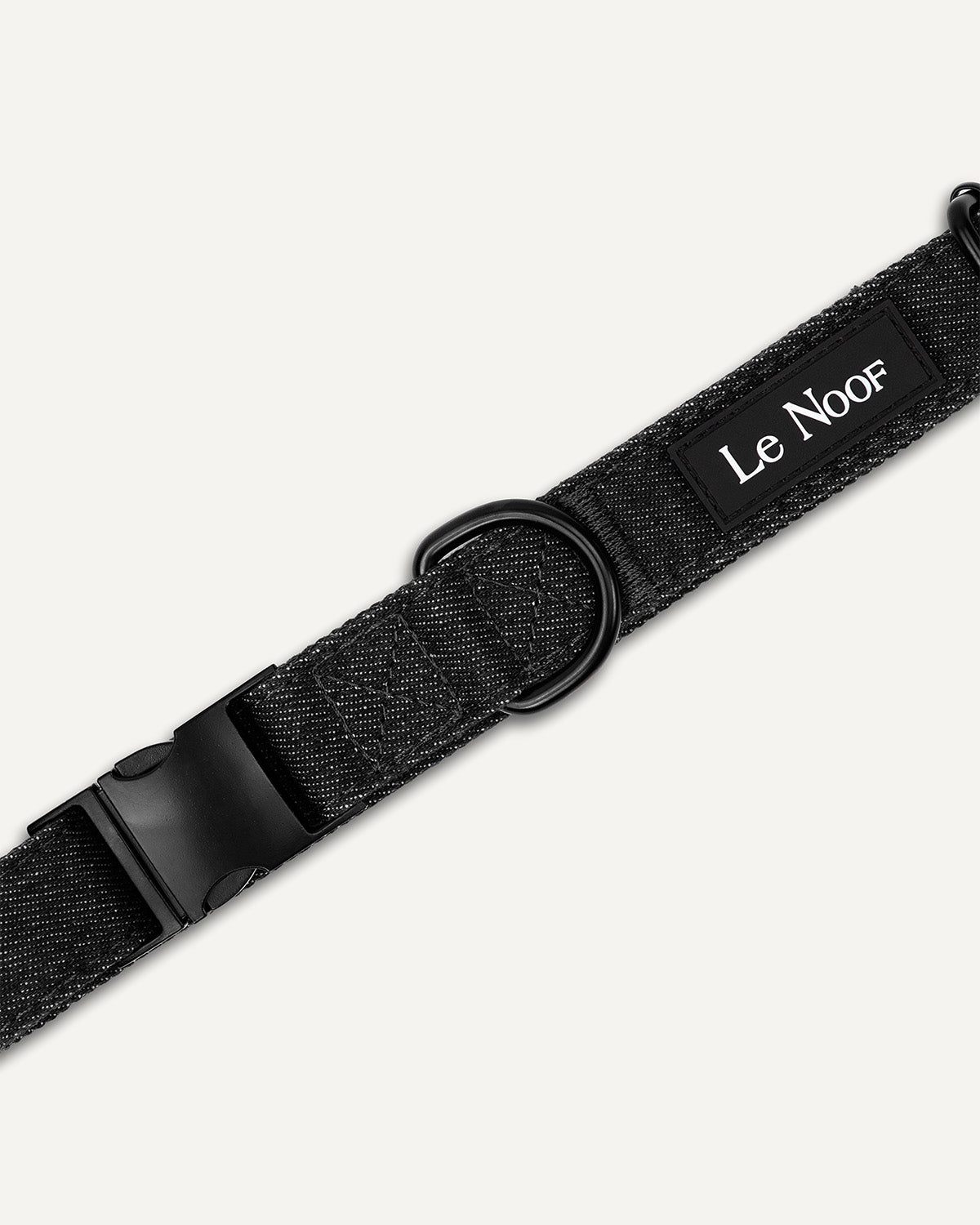 black denim dog collar close up image with Le Noof logo