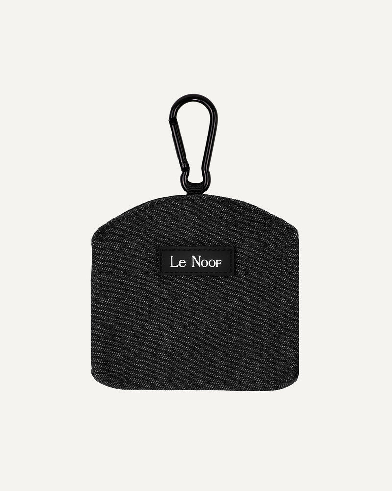 Black black washed denim dog treat pouch with carabiner and 'Le Noof' label on a white background