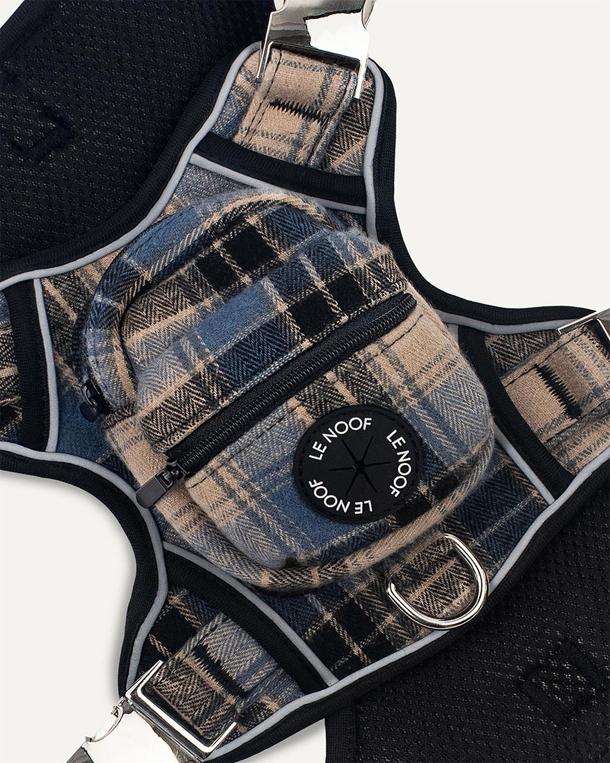 Blue flannel dog harness with Le Noof logo super closeup