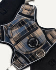 Blue flannel dog harness with Le Noof logo super closeup