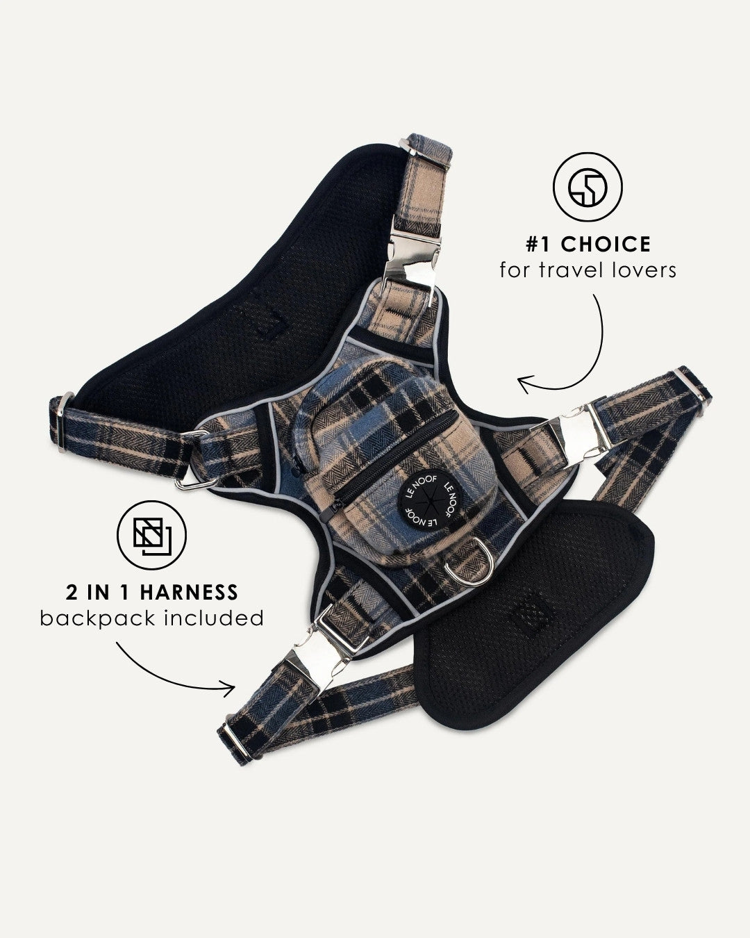 Blue plaid no-pull backpack dog harness, Le Noof