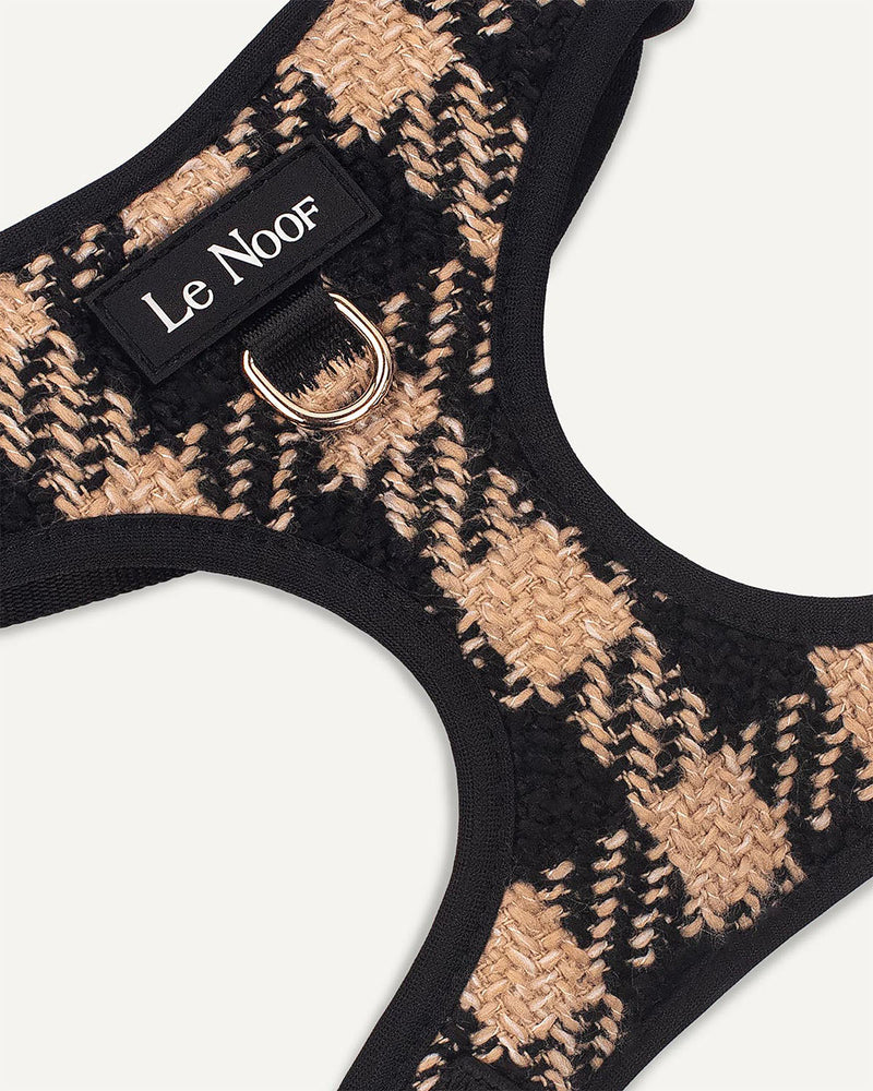 Brown checkered dog harness with Le Noof logo super closeup