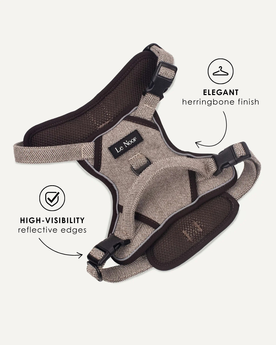 Brown herringbone tough no-pull dog harness, Le Noof