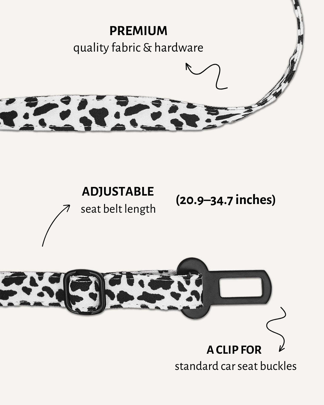 Cow print dog seatbelt, Le Noof