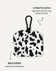 Cow print dog treat pouch back view, Le Noof