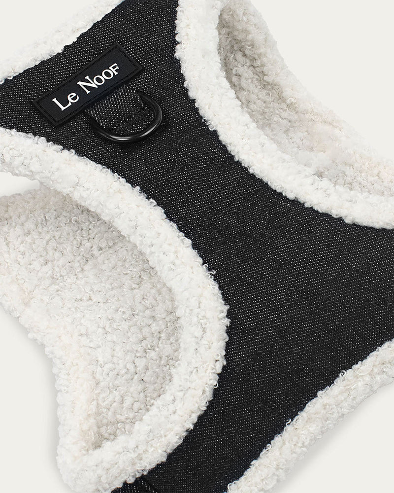 Dark washed denim dog harness with Le Noof logo super closeup