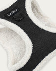 Dark washed denim dog harness with Le Noof logo super closeup