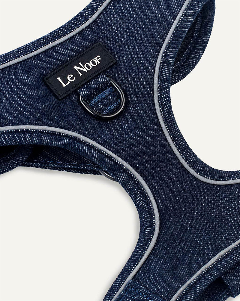Dark blue denim dog harness with Le Noof logo super closeup