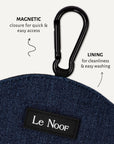 Dark blue denim dog treat pouch close-up, Le Noof