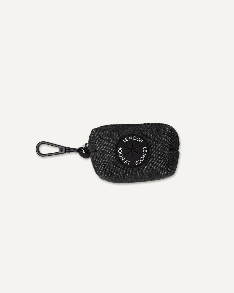 Dark washed denim poop bag holder made by Le Noof