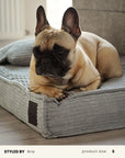 A fawn French Bulldog with a black face lies on a ribbed gray pet mattress in a home setting. The image includes text overlays at the bottom reading 'STYLED BY Brie' and 'product size: S'.