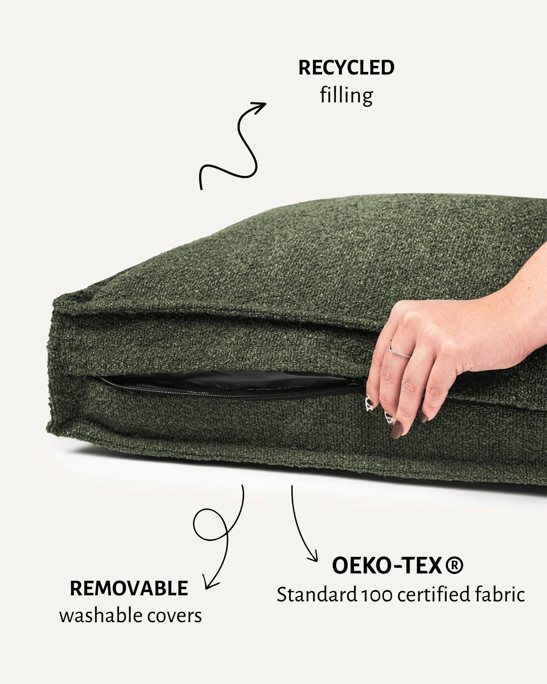 Green boucle design dog bed with open zipper, Le Noof