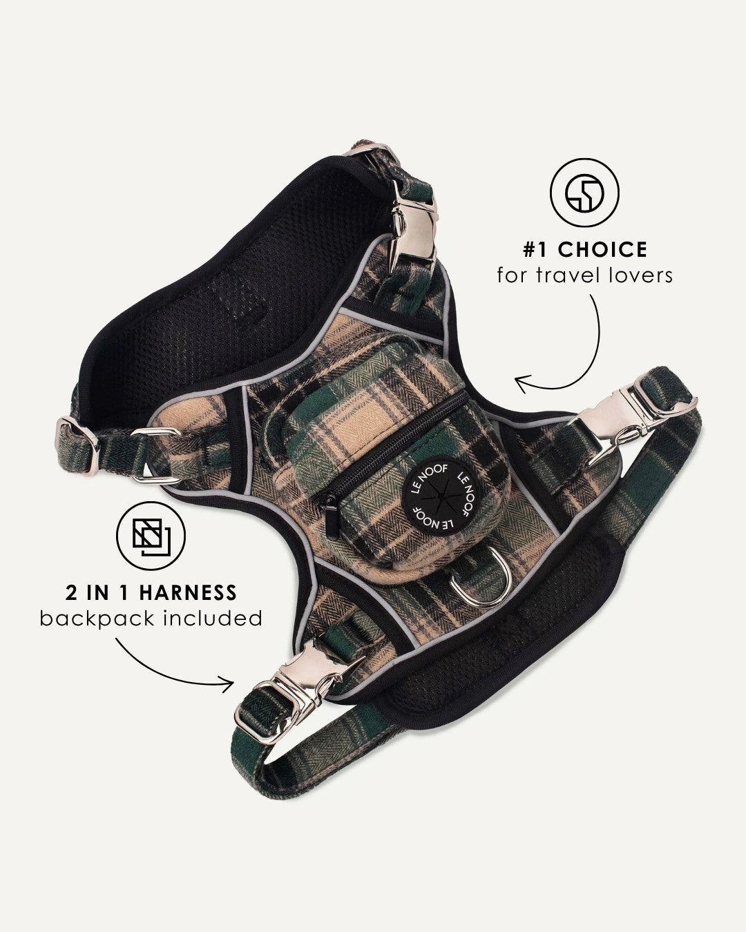 Green plaid no-pull backpack dog harness, Le Noof