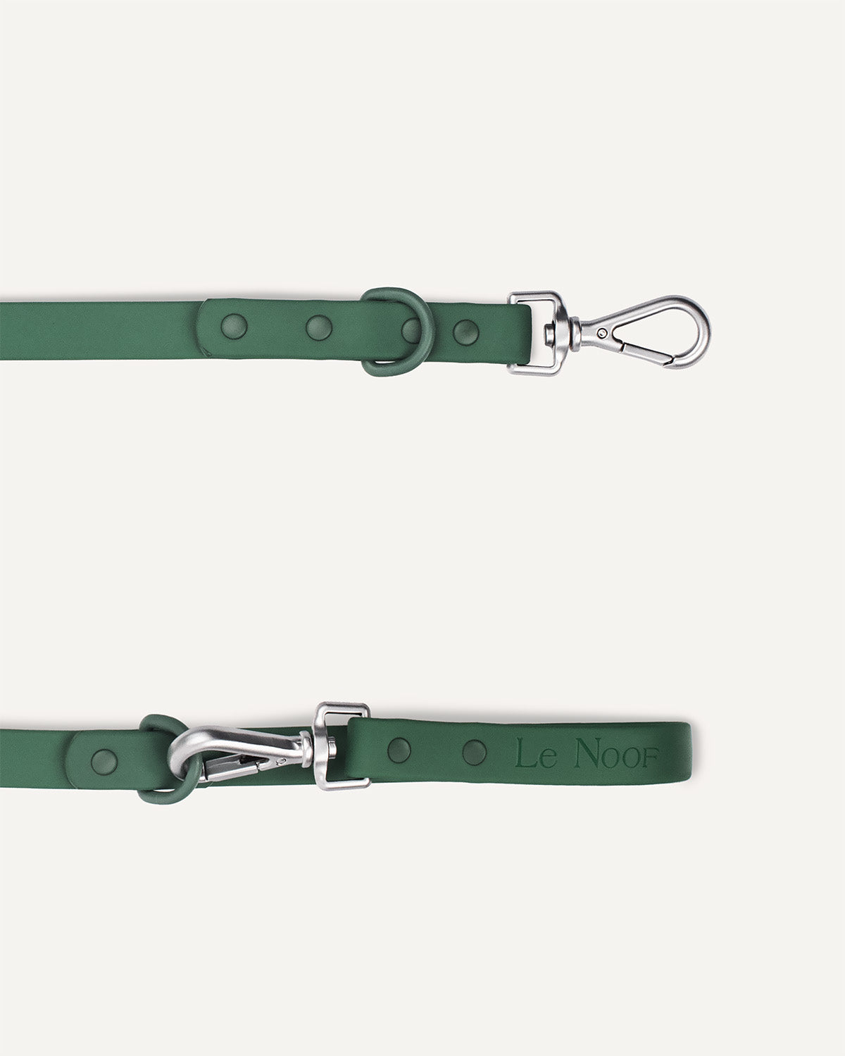 green waterproof dog leash close up image with Le Noof logo on the handle
