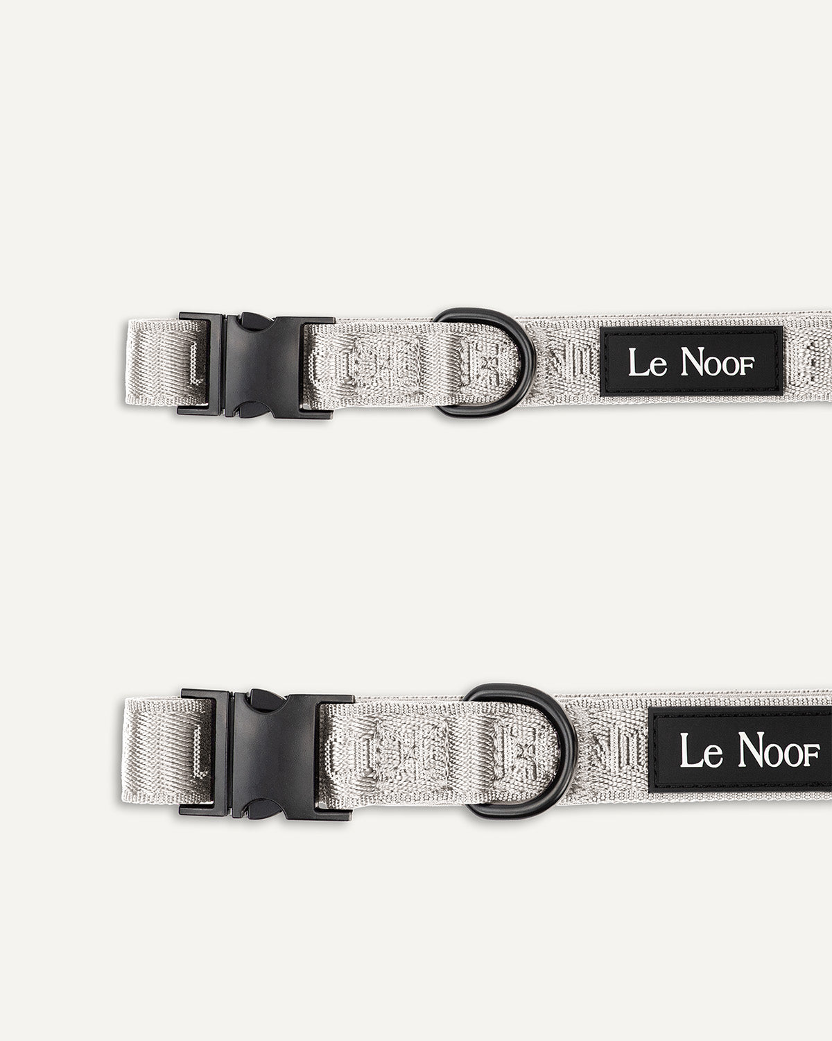 Grey jacquard dog collar size comparison by Le Noof
