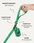 Kelly green corduroy dog leash with poop bag holder, Le Noof