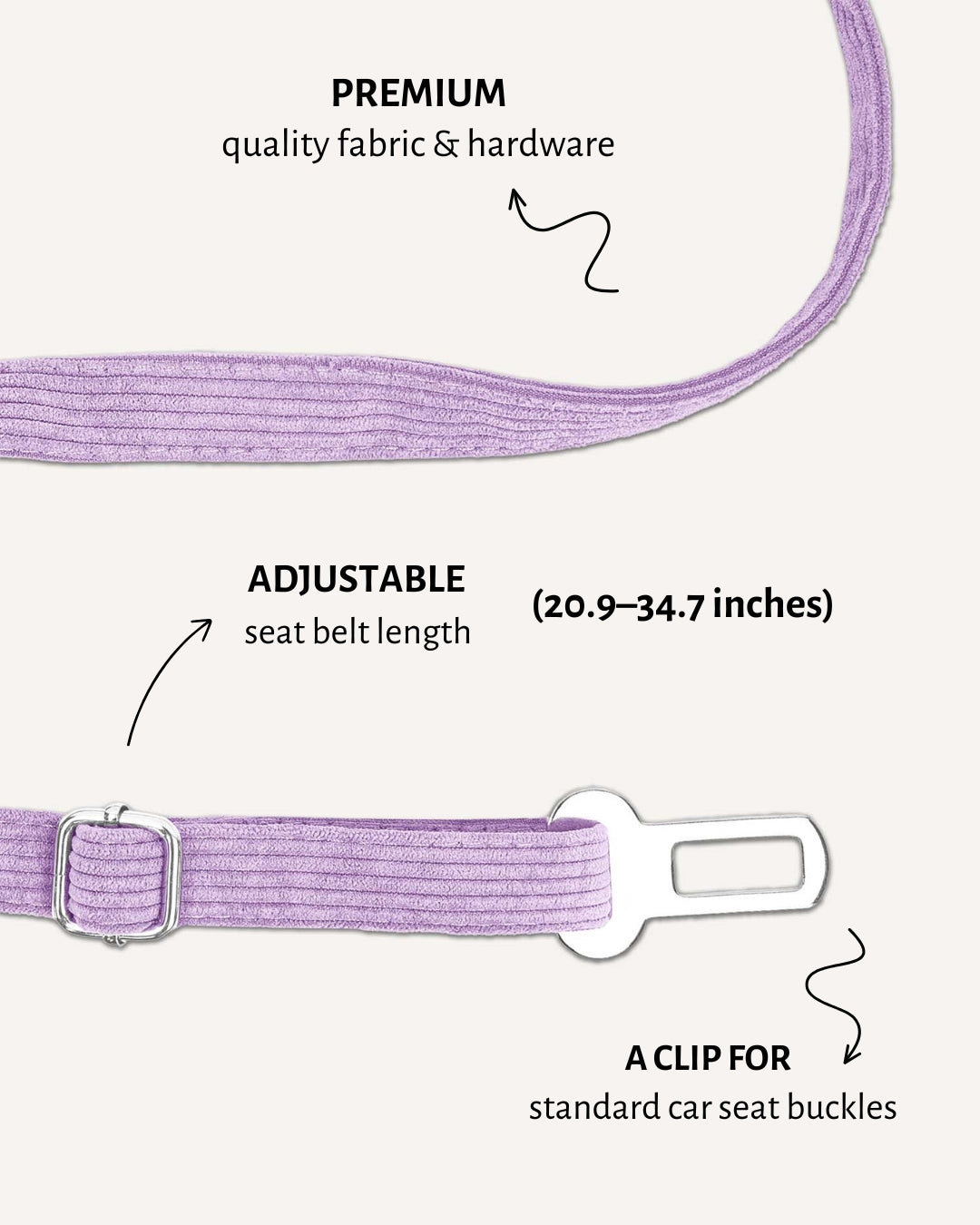 Lavender corduroy dog seatbelt, Le Noof