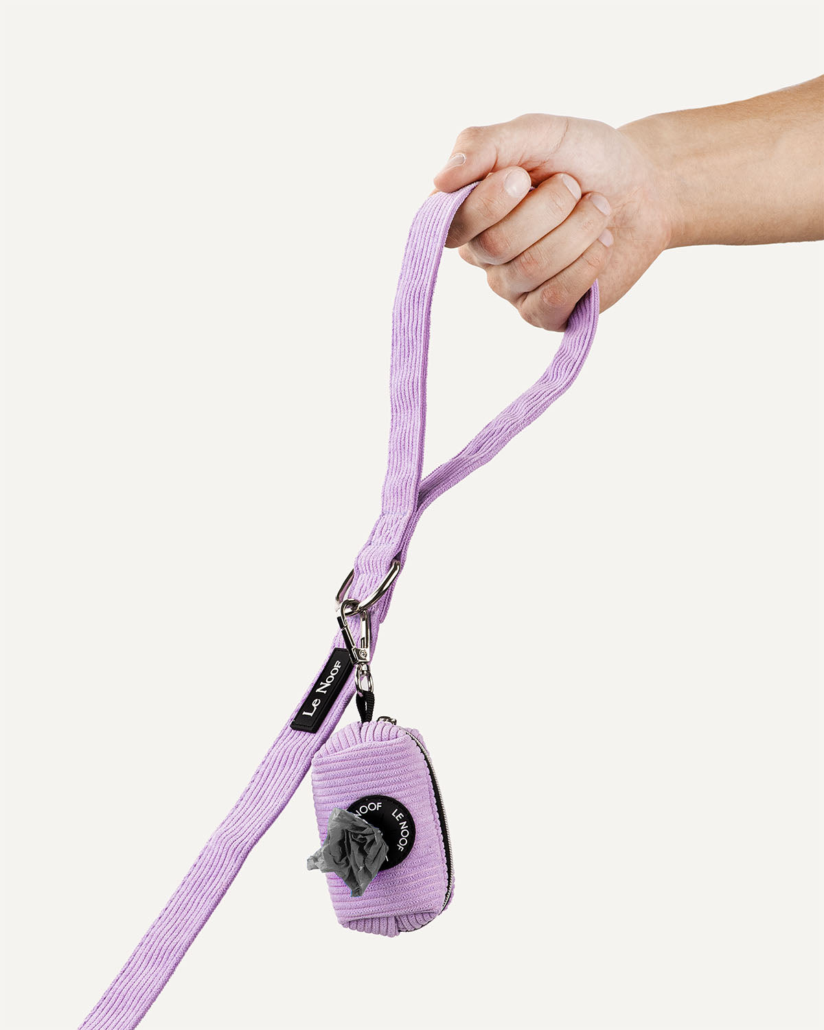 Lavender corduroy dog leash with matching poop bag holder with le Noof logo
