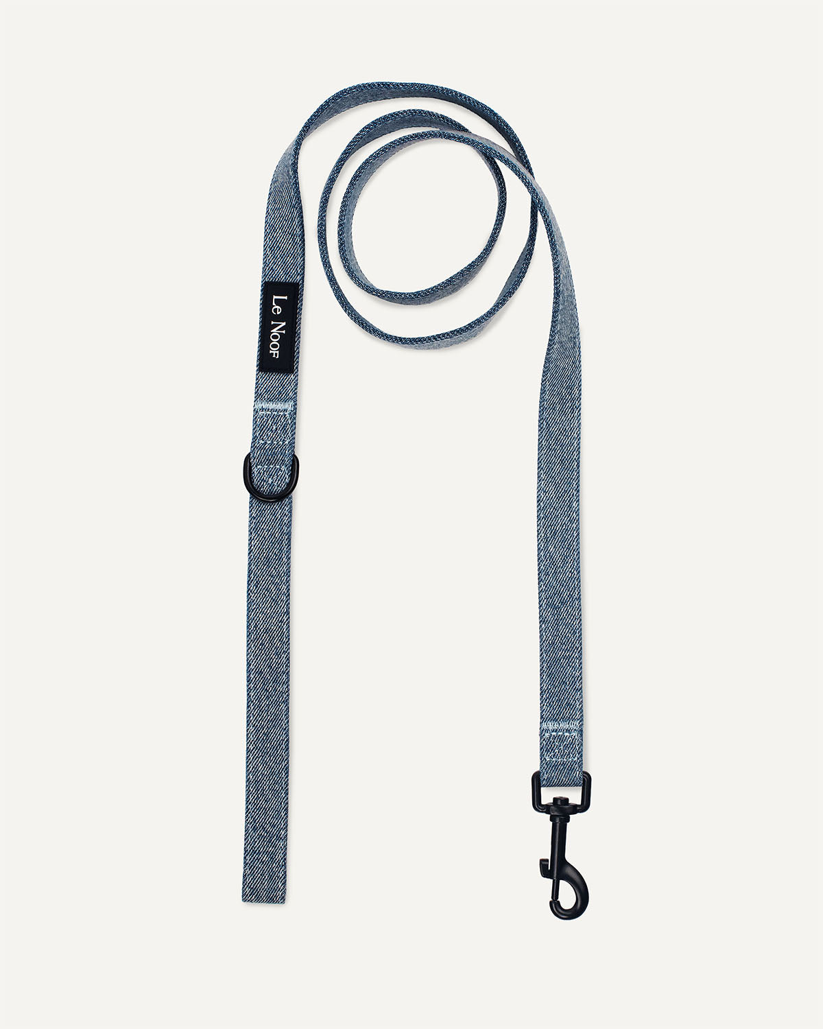 Light blue denim dog leash with Le Noof logo