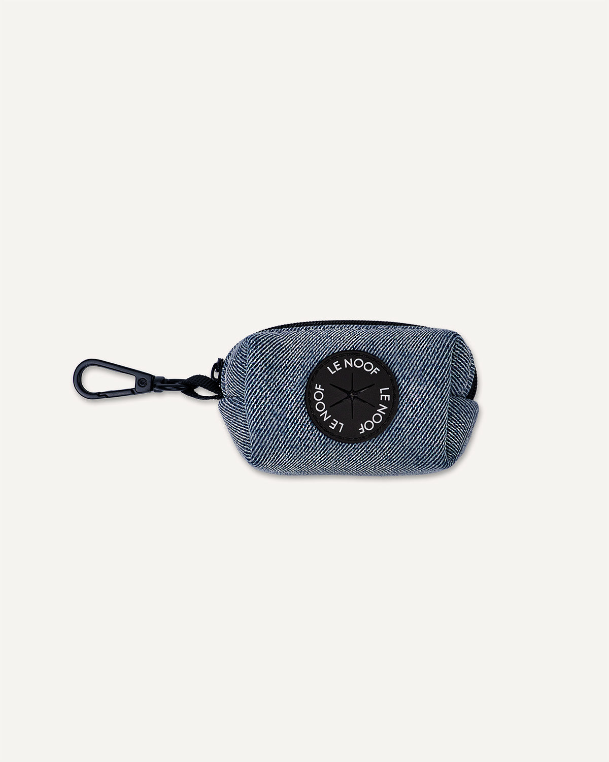 Light blue denim dog poop bag holder with Le Noof logo and metal clip