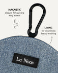 Light blue denim dog treat pouch close-up, Le Noof