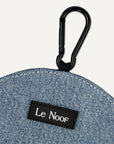 Light blue denim dog treat pouch close up view made by Le Noof