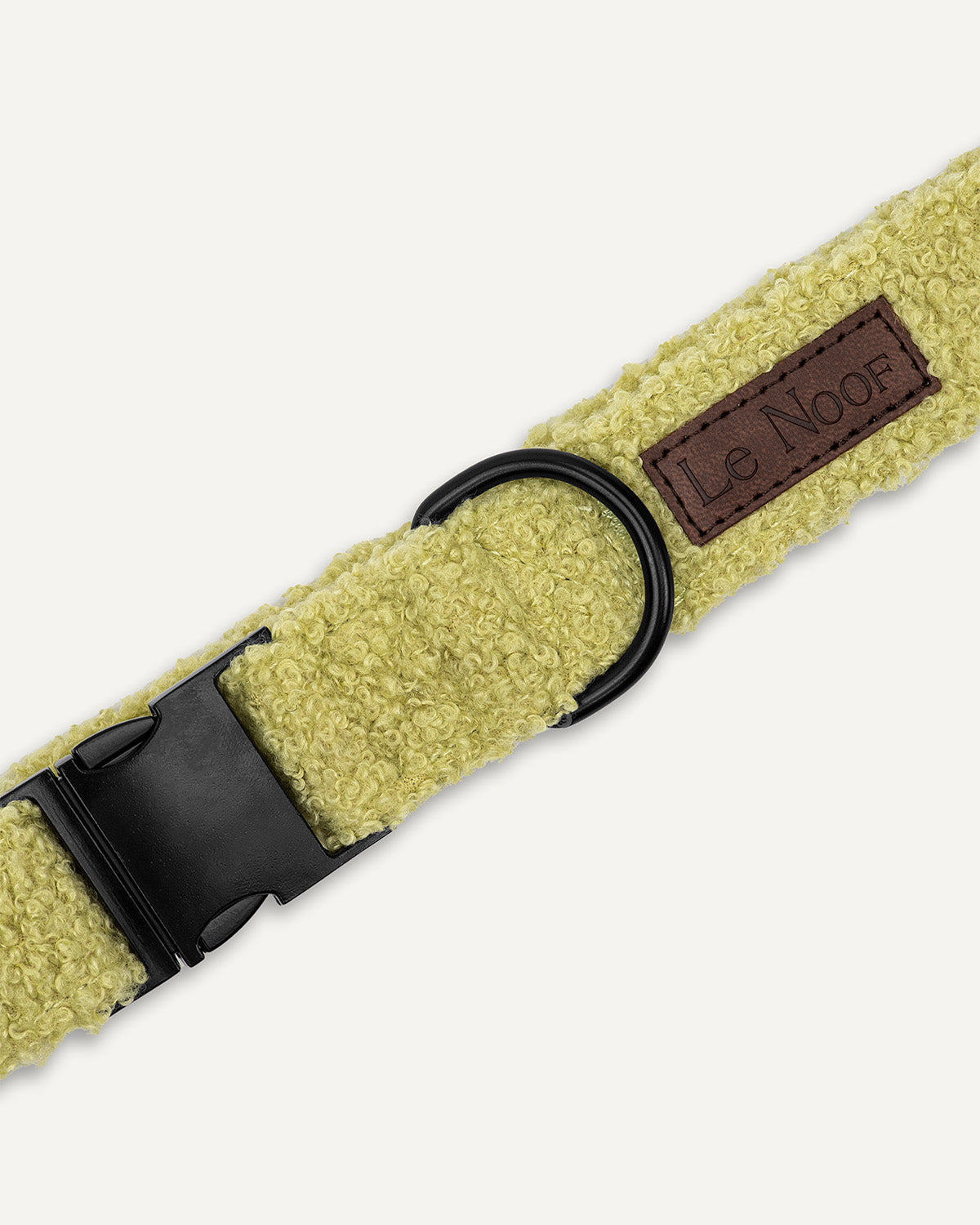 light green teddy dog collar close up image with Le Noof logo