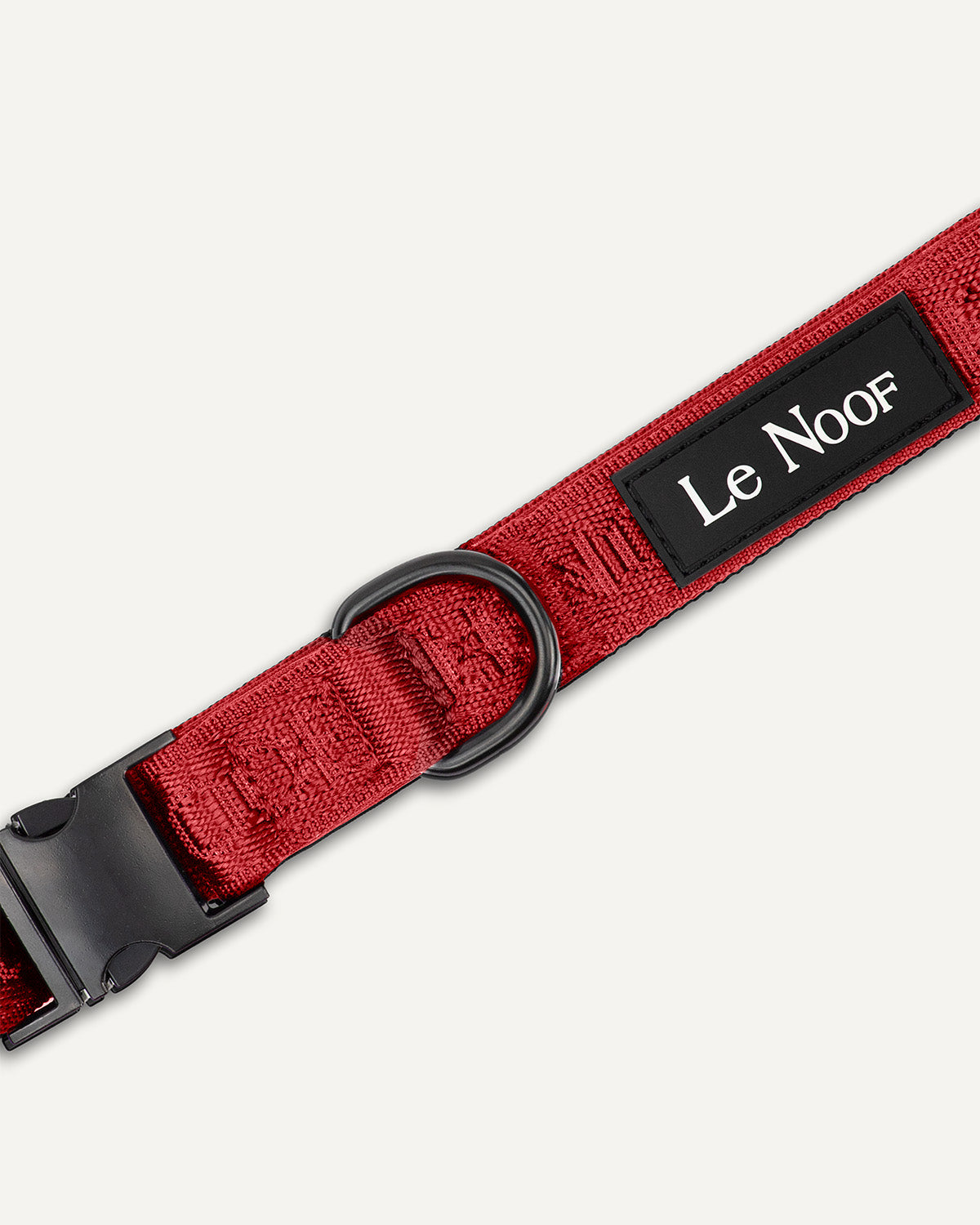 Maroon red jacquard dog collar close up image with Le Noof logo