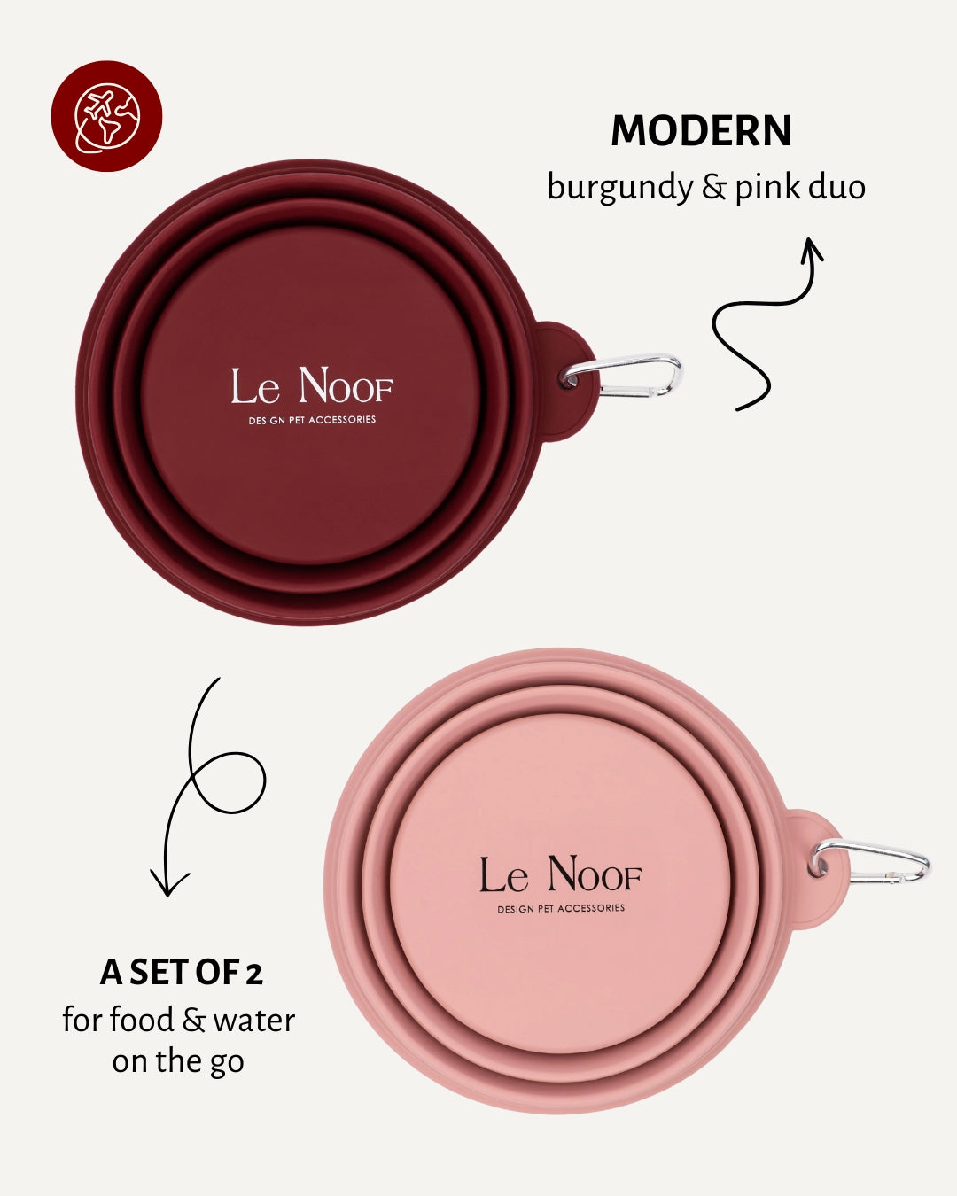 Red & Pink travel dog bowls with eatures mentioned