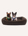Two dogs sitting on a brown pet bed with a white background